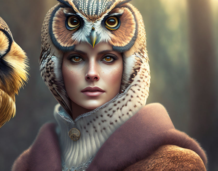 Digital artwork: Woman's face with owl features in forest background