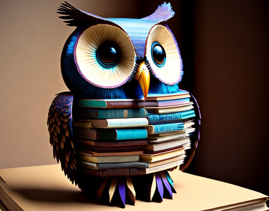 Colorful stylized owl on books with expressive eyes