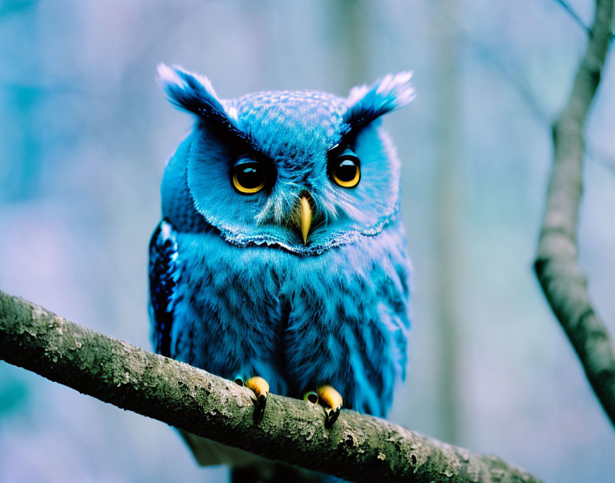 Vibrant blue owl with large yellow eyes on tree branch in natural setting