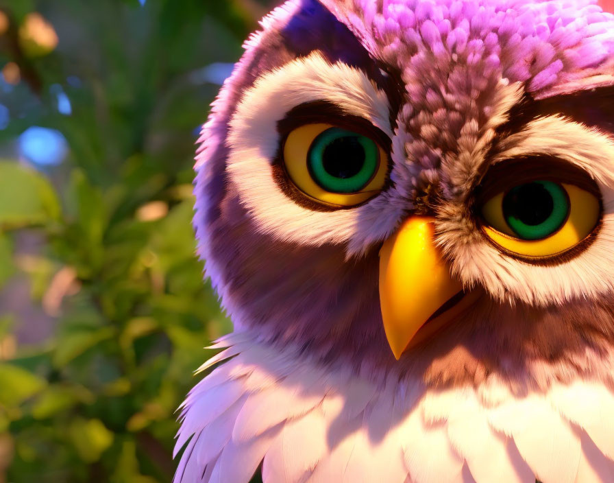 Colorful Animated Owl with Green Eyes and Purple Feathers in Warm Light