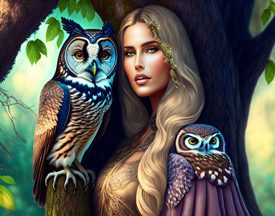 Digital artwork: Woman with long wavy hair and owls in mystical forest