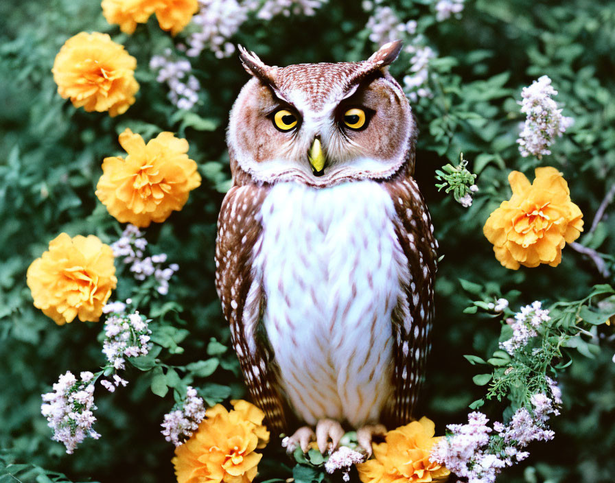 Brown and White Owl Among Yellow Marigolds and White Flowers