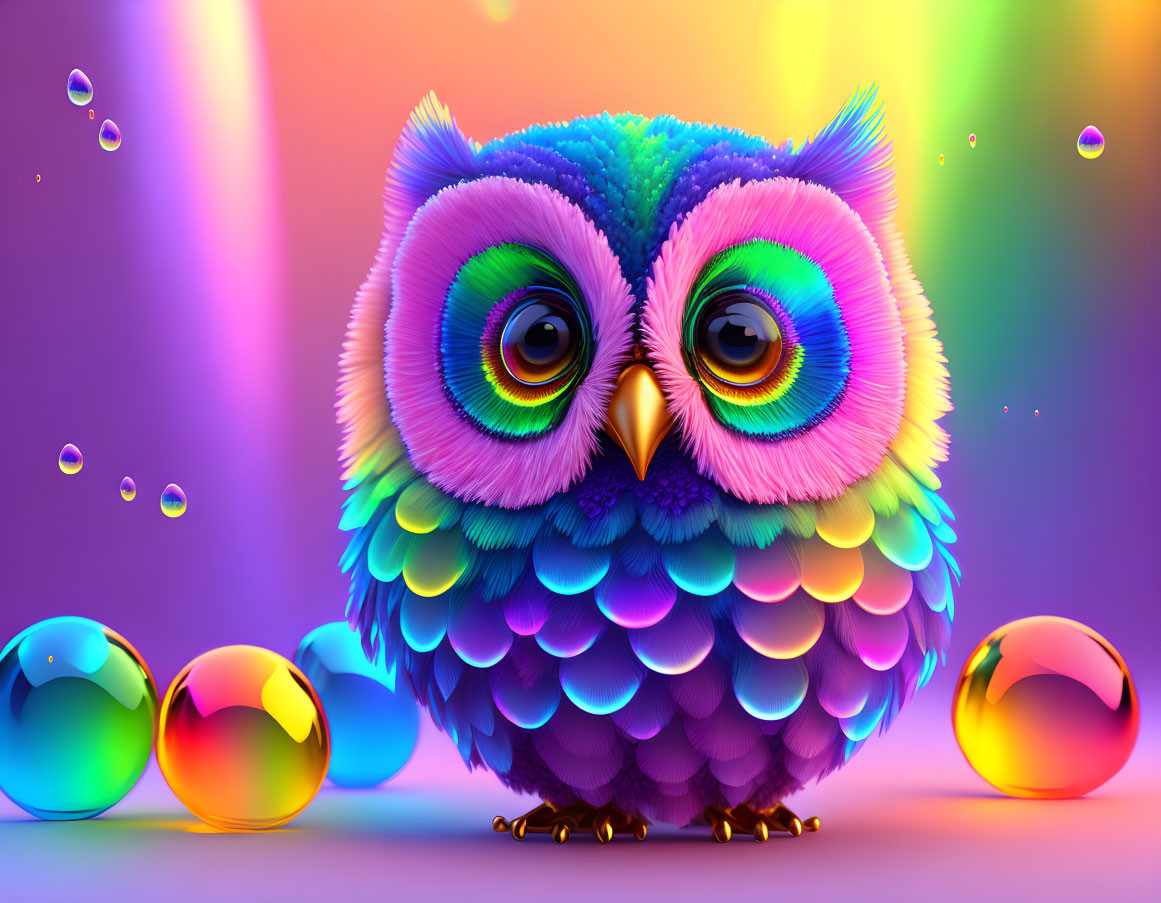 Colorful Stylized Cute Owl Illustration with Vibrant Feathers and Bubbles