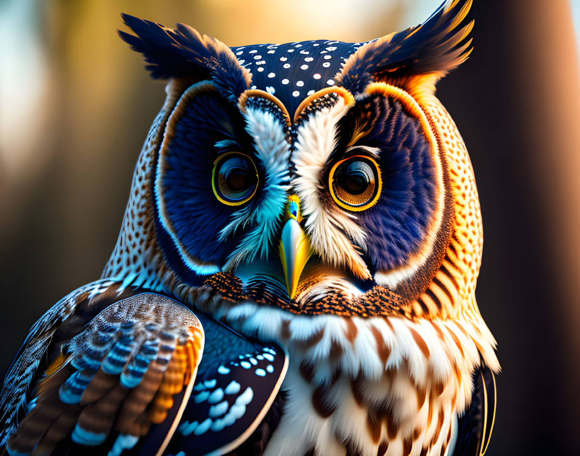 Colorful Digital Artwork: Owl with Intricate Plumage & Blue Eyes