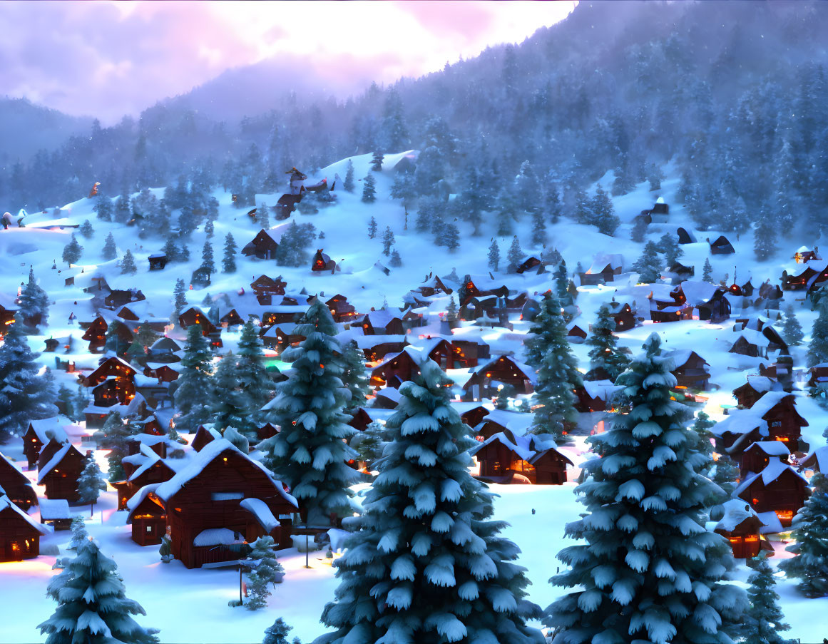 Snowy village with lit cabins and snow-covered trees at dusk