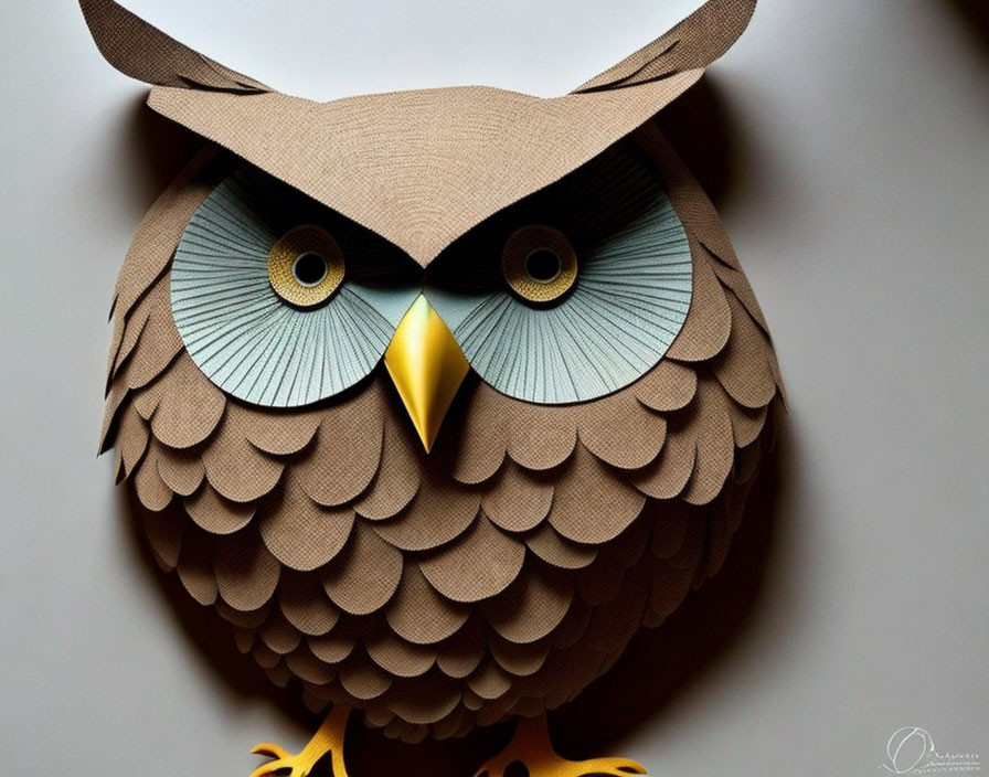 Intricate paper owl with layered feathers, blue eyes, and yellow beak