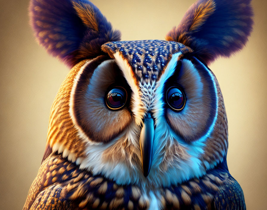 Colorful Digital Illustration of Owl with Detailed Feathers and Mesmerizing Eyes
