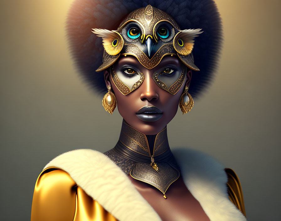 Digital Artwork: Woman with Owl-themed Headdress, Gold Jewelry, and Fur Collar
