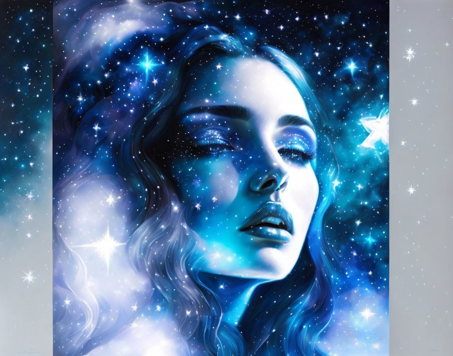 Digital artwork: Woman with star-filled blue hair and cosmic features on space-themed background