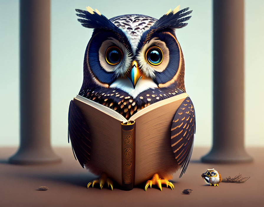 3D illustration of large owl reading book with tiny owl beside it