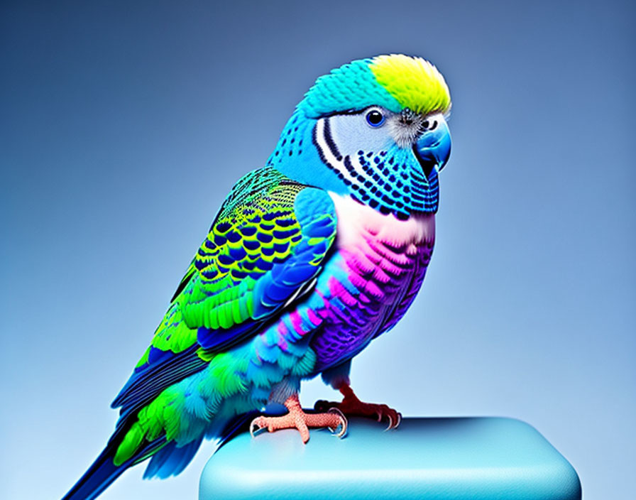 Vibrant blue, green, and pink budgerigar on blue surface against gradient background