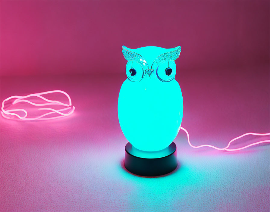 Owl-shaped lamp casting turquoise glow on pink surface