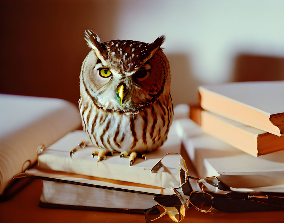 Owl on open book with eyeglasses and stack of books symbolizing studious theme