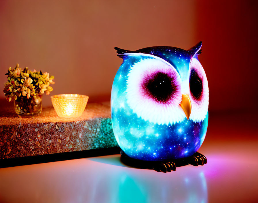 Cosmic pattern owl-shaped lamp on countertop with plant and golden bowl