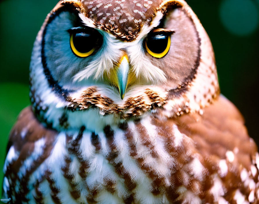 Brown and White Owl with Yellow Eyes and Sharp Beak on Green Background