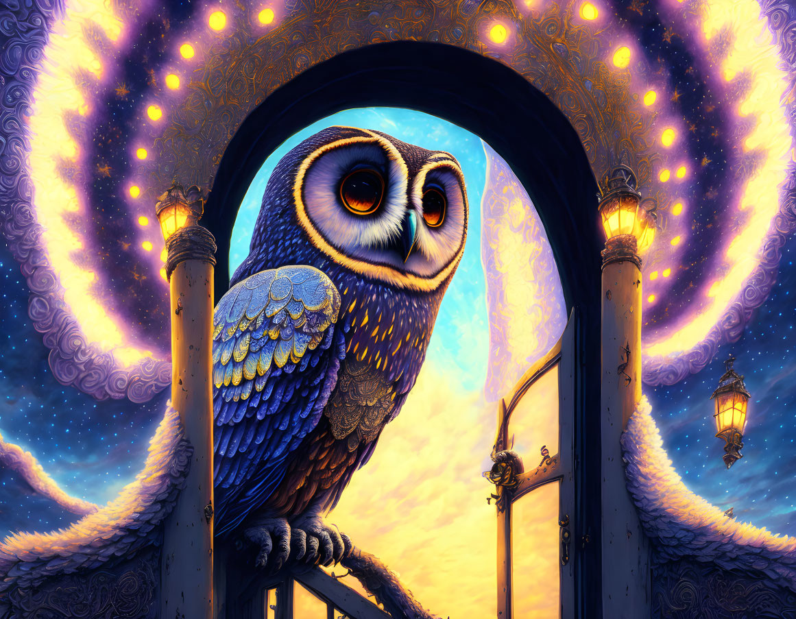 Whimsical owl on balcony under starry night sky