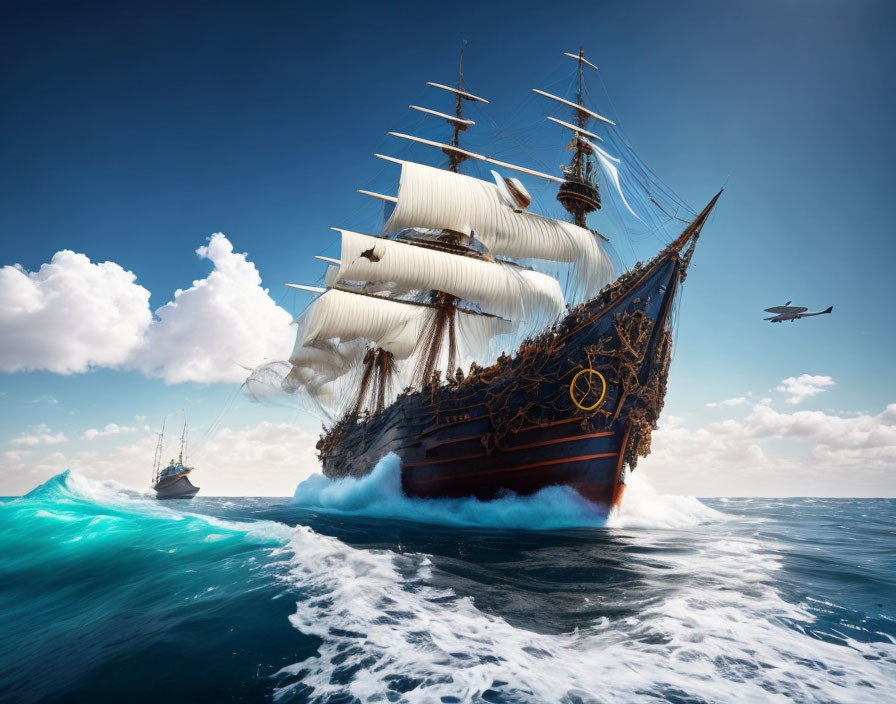 Tall ship with billowing sails on ocean waves under blue sky