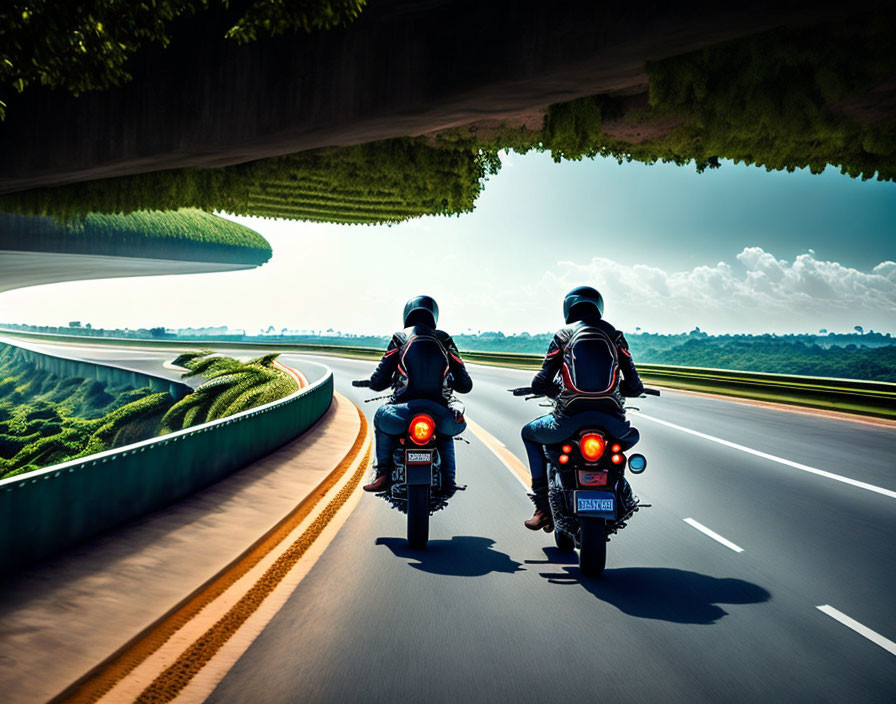 Two motorcyclists on curvy highway in green landscape