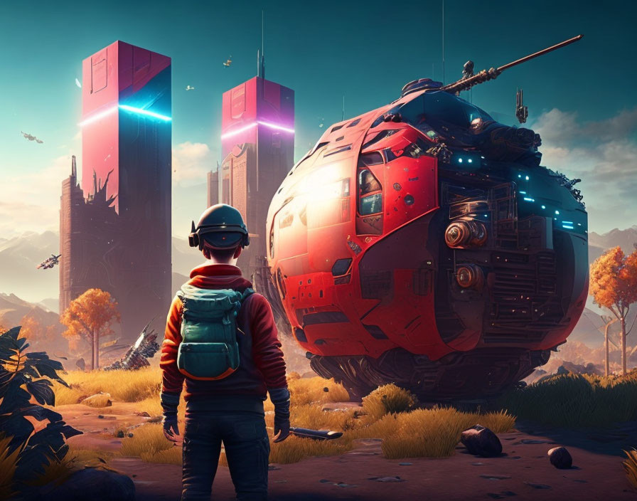 Person in helmet faces futuristic red vehicle amidst sleek towers