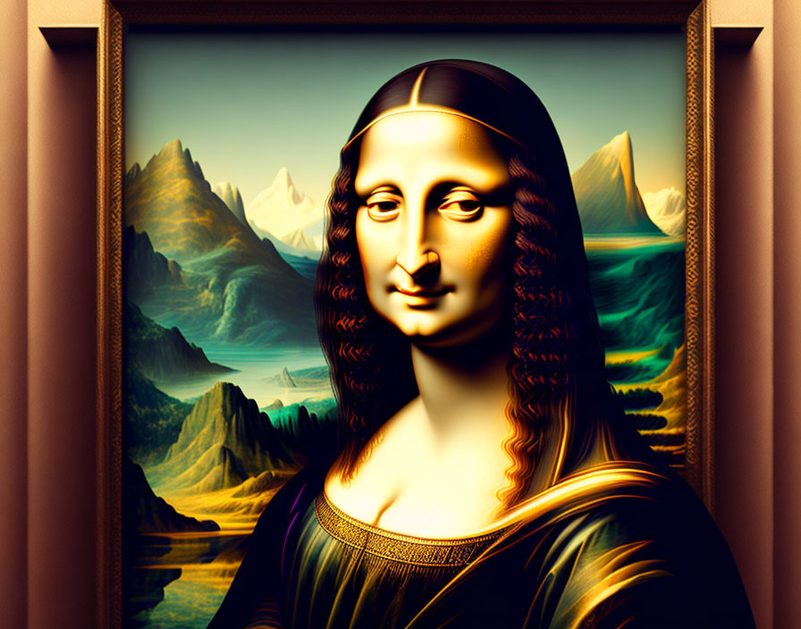 Digital Mona Lisa with Exaggerated Features in Surreal Landscape