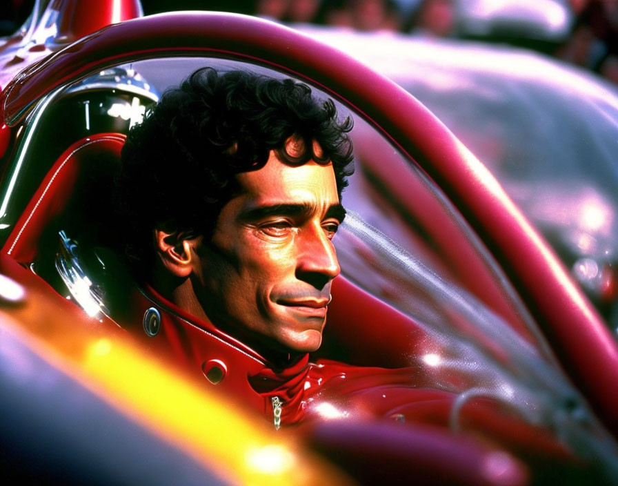 Race car driver in red suit and helmet in cockpit.