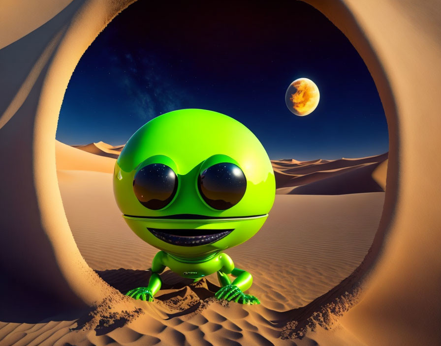 Cartoon alien under desert arch gazes at twilight moon