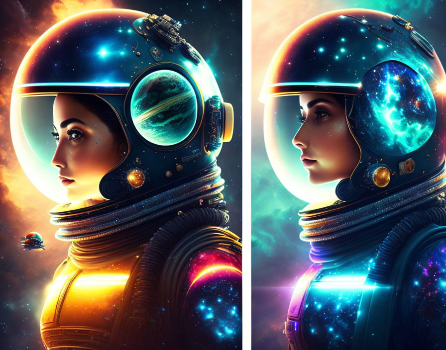 Female astronaut digital artwork: vibrant cosmic scenery with stars, planets, galaxies