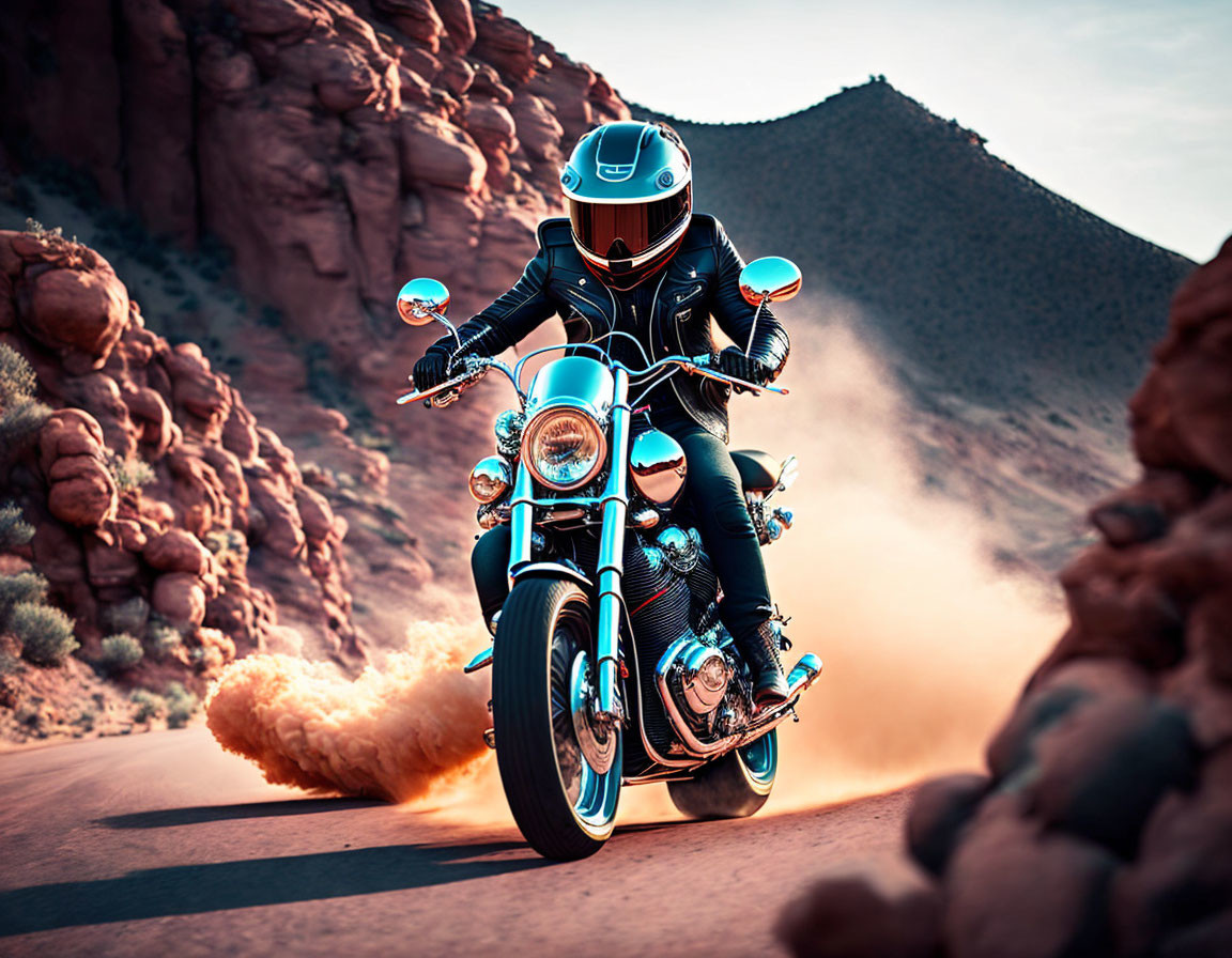 Motorcyclist in full gear riding on desert road with red rock formations