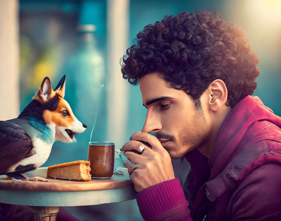 Curly-Haired Man Sips Drink with Corgi and Bird Watching