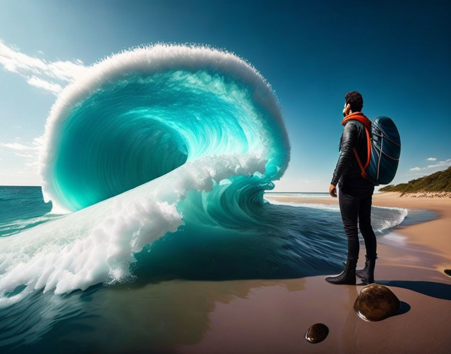 Backpacker on Beach Observing Massive Wave