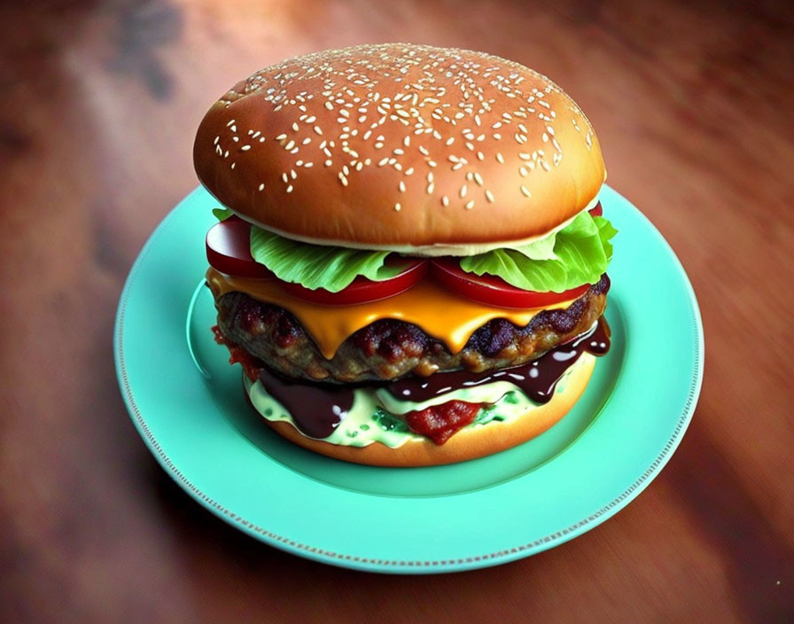 Cheeseburger with Lettuce, Tomato, and Sauce on Sesame Seed Bun