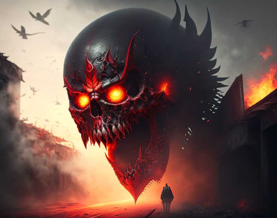 Menacing Skull with Glowing Red Eyes and Sharp Teeth in Desolate Landscape