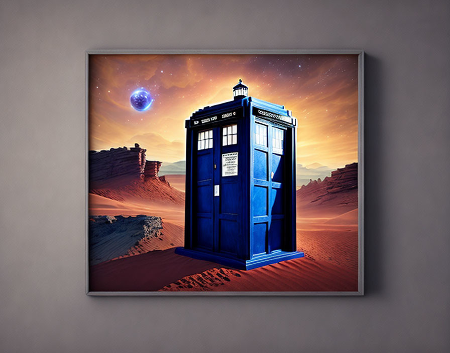 Framed image of blue police box in desert under twilight sky