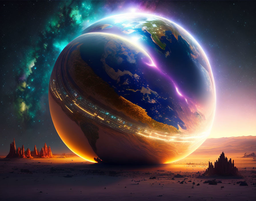 Reflective Earth sphere above desert landscape under starry sky.