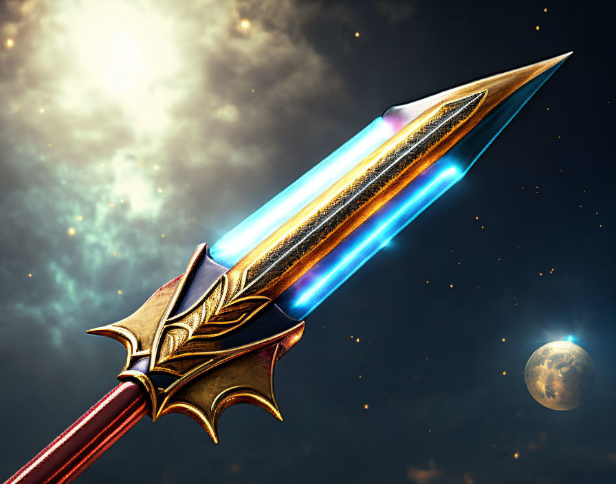 Golden hilt, blue glowing blade, cosmic backdrop, stars, distant planet