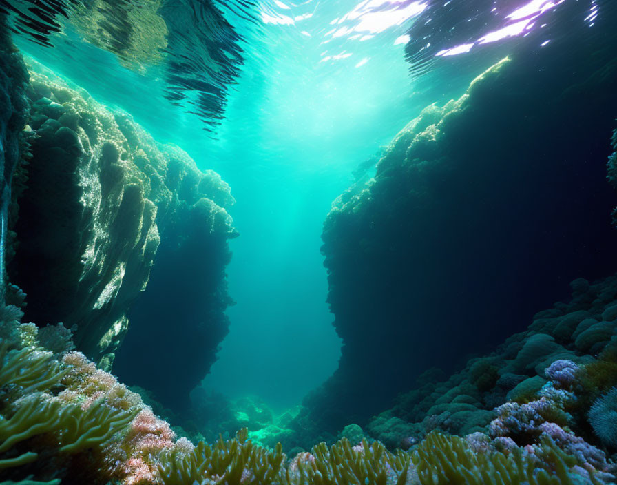 Vibrant coral formations in serene ocean cavern