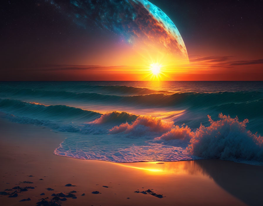 Surreal beach scene with crashing waves at sunset and oversized crescent planet