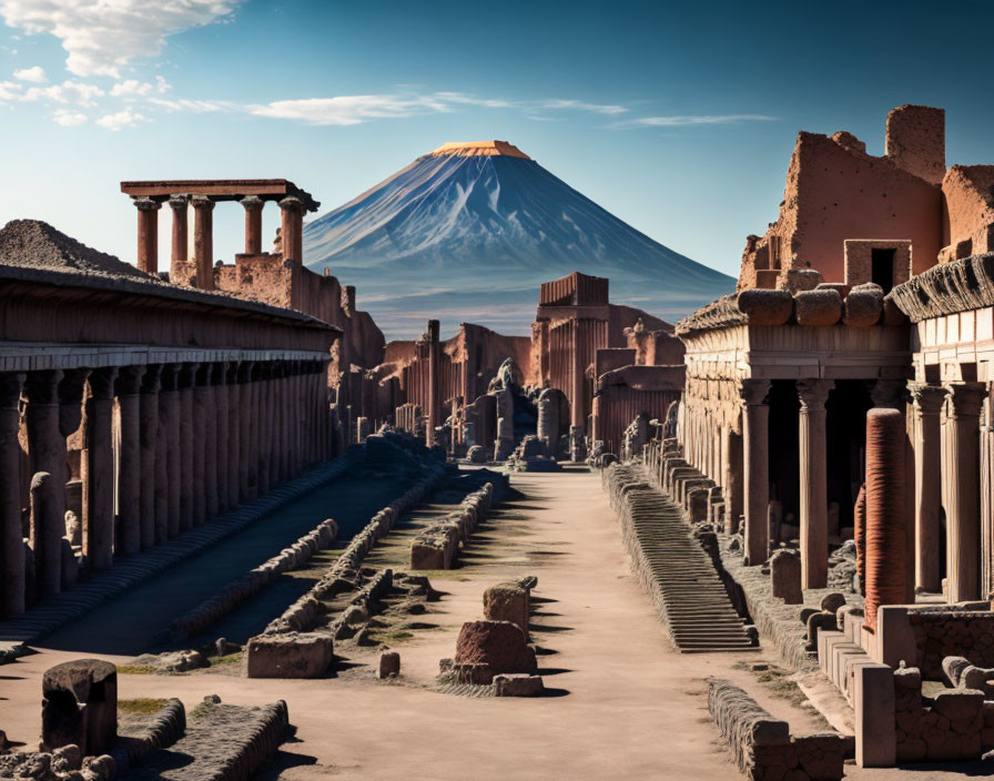 Ancient city ruins with columns and arches against mountain backdrop