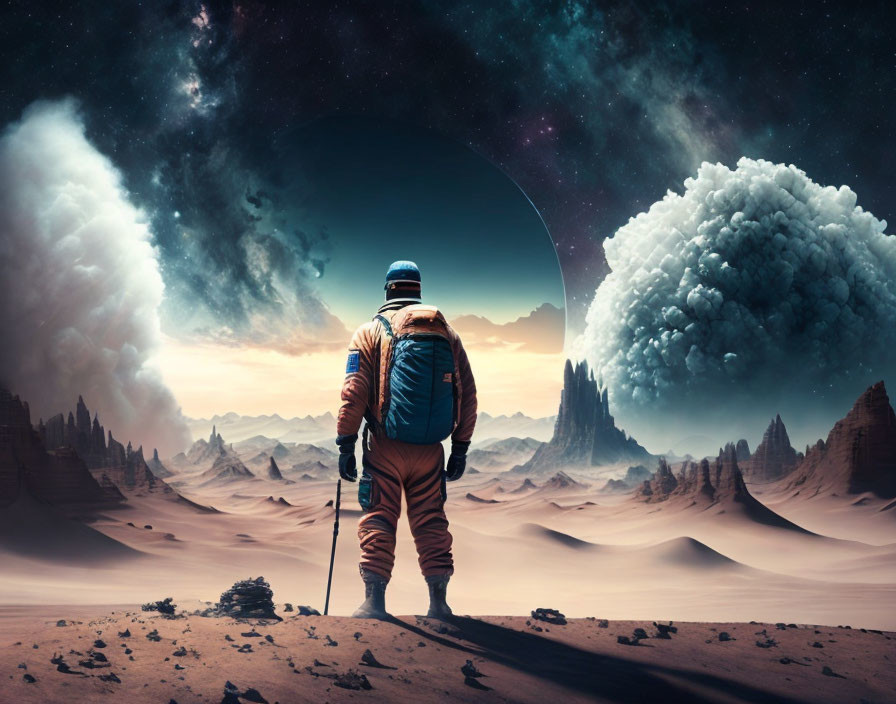 Astronaut on alien desert with giant planet and moon