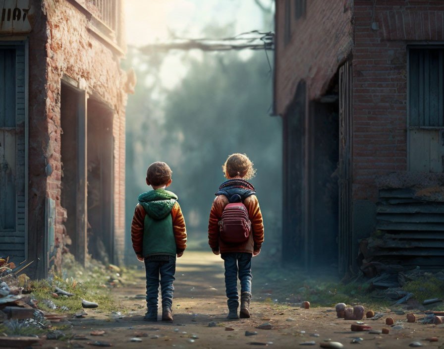 Young Children Walking Hand in Hand in Sunlit Alley