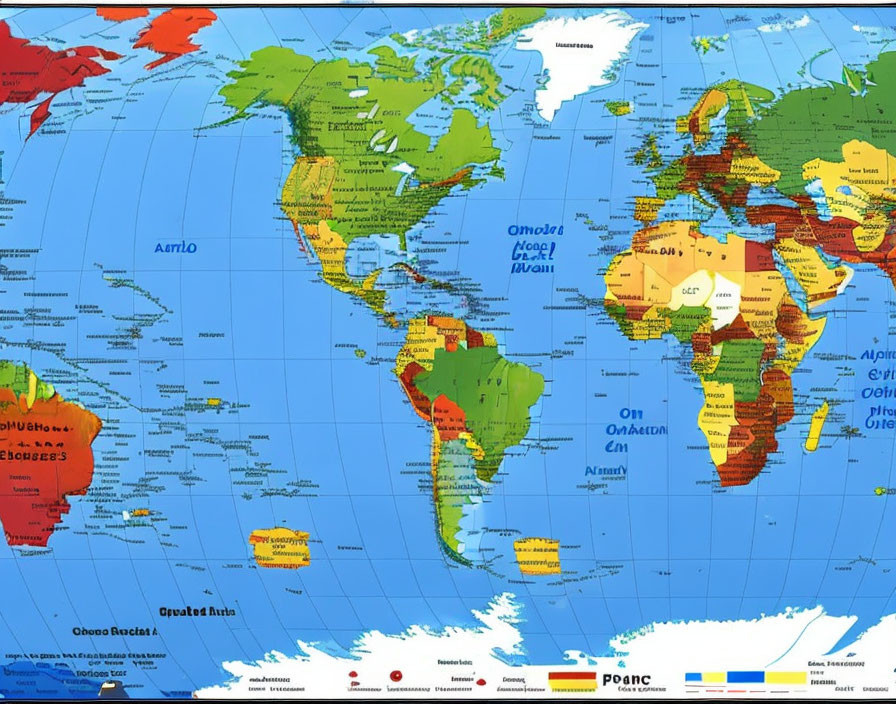 Colorful Mercator Projection World Map with Countries, Cities, and Bodies of Water