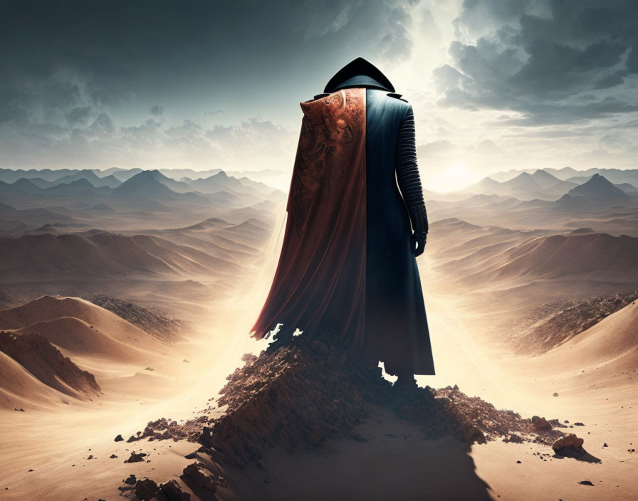 Cloaked figure on sand dune under dramatic desert sky