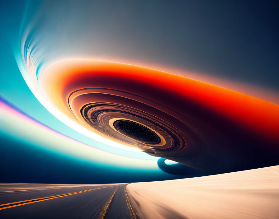 Surreal landscape with swirling orange and blue sky above a road to distant planet