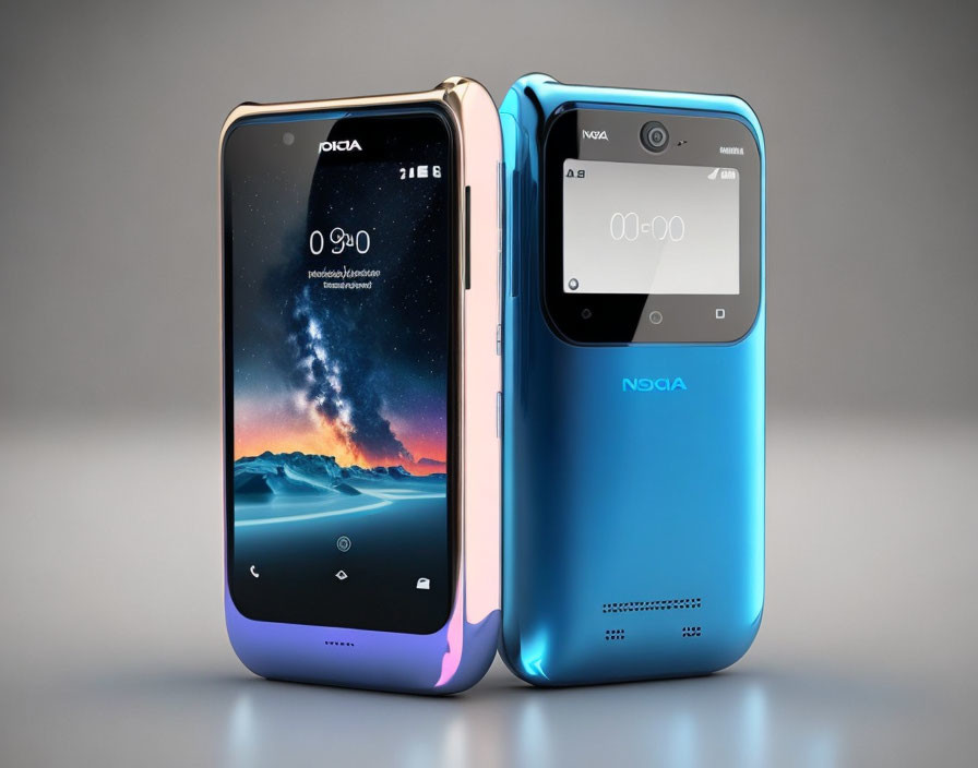 Dual Nokia flip phones in blue gradient color on gray background