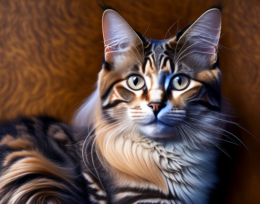 Majestic Maine Coon Cat with Blue Eyes and Tabby Coat on Golden Background