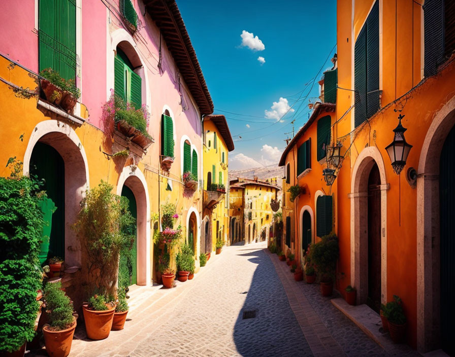 Colorful Italian Village Street with Cobblestone Path & Potted Plants