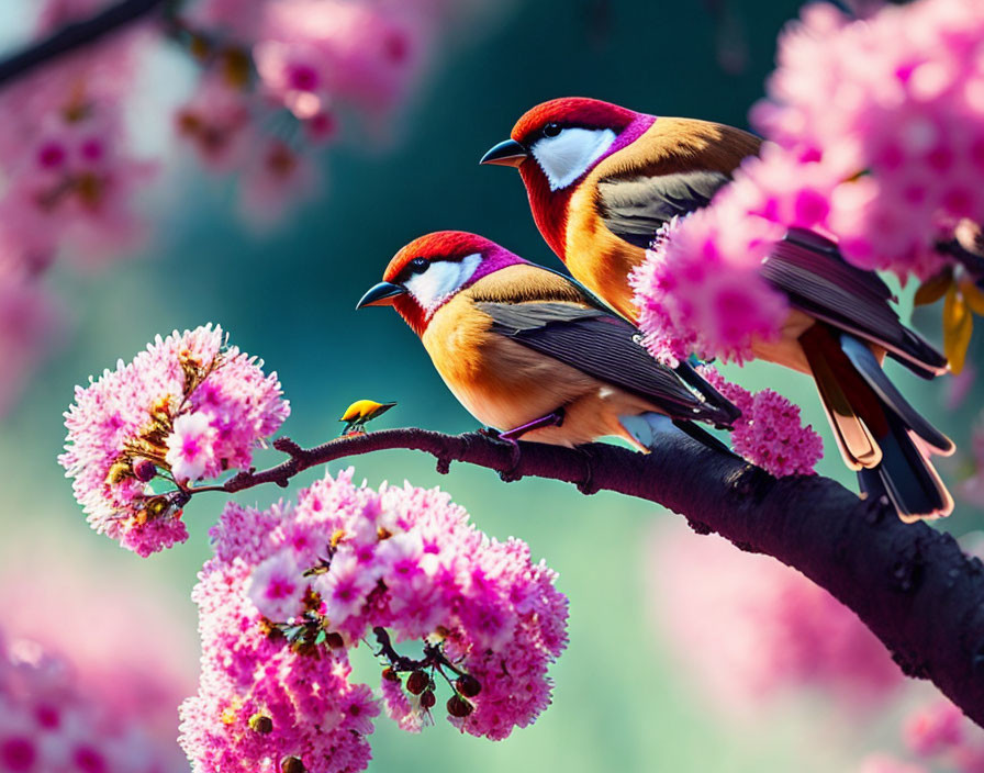 Colorful Birds Perched on Branch with Pink Blossoms