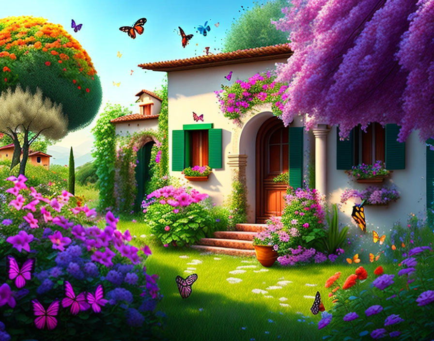 Colorful garden with butterflies by quaint house and wisteria.