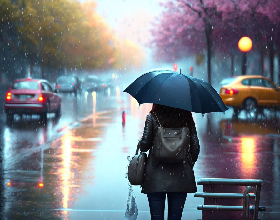 Urban scene: Person with backpack and umbrella in rainy city street, cars passing by, lights reflecting on