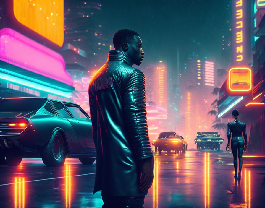 Man in leather jacket gazes on neon-lit futuristic city street